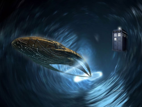 Moya and Tardis in wormhole